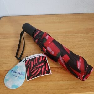 Umbrella Rainy Skies Black With Red Chili Peppers Automatic Open-Close Feature